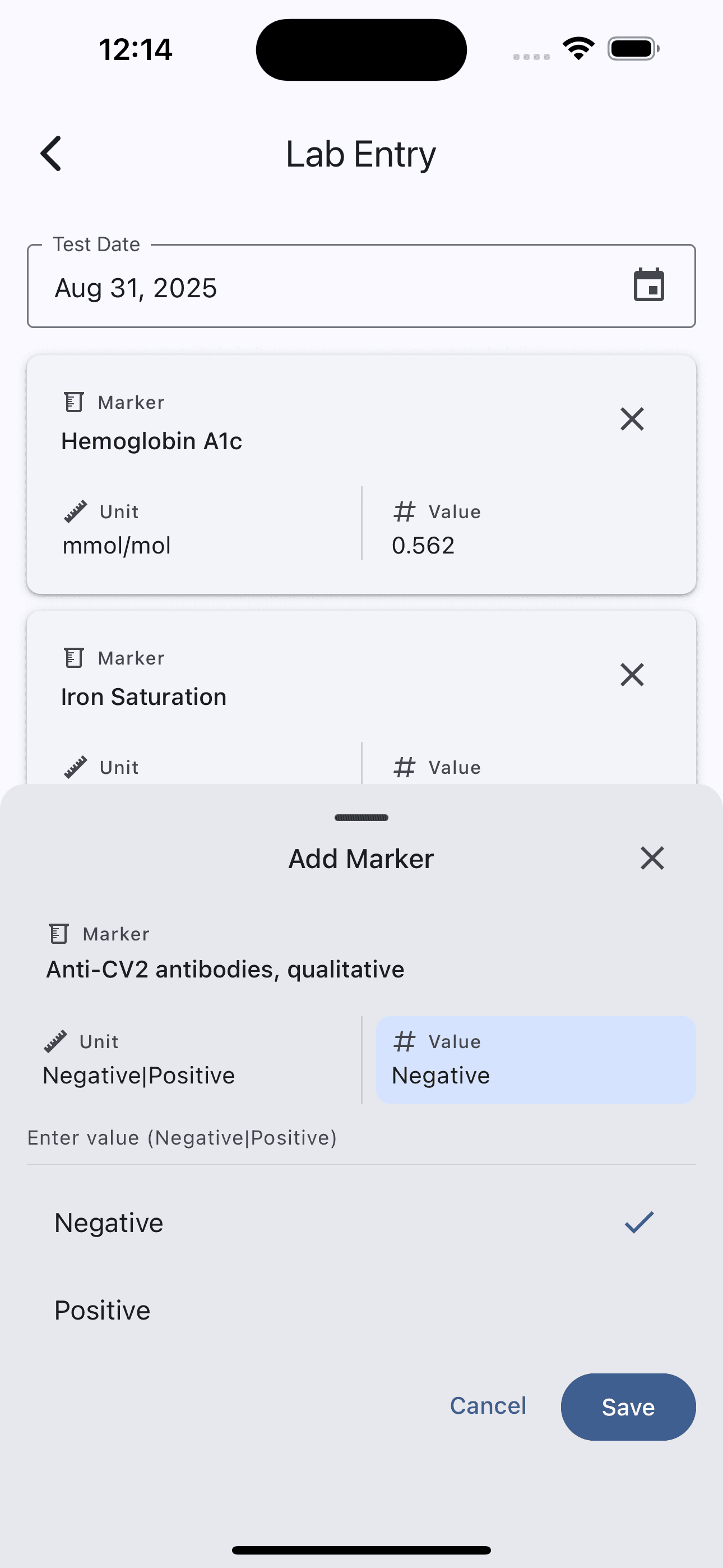 Manual lab entry screen